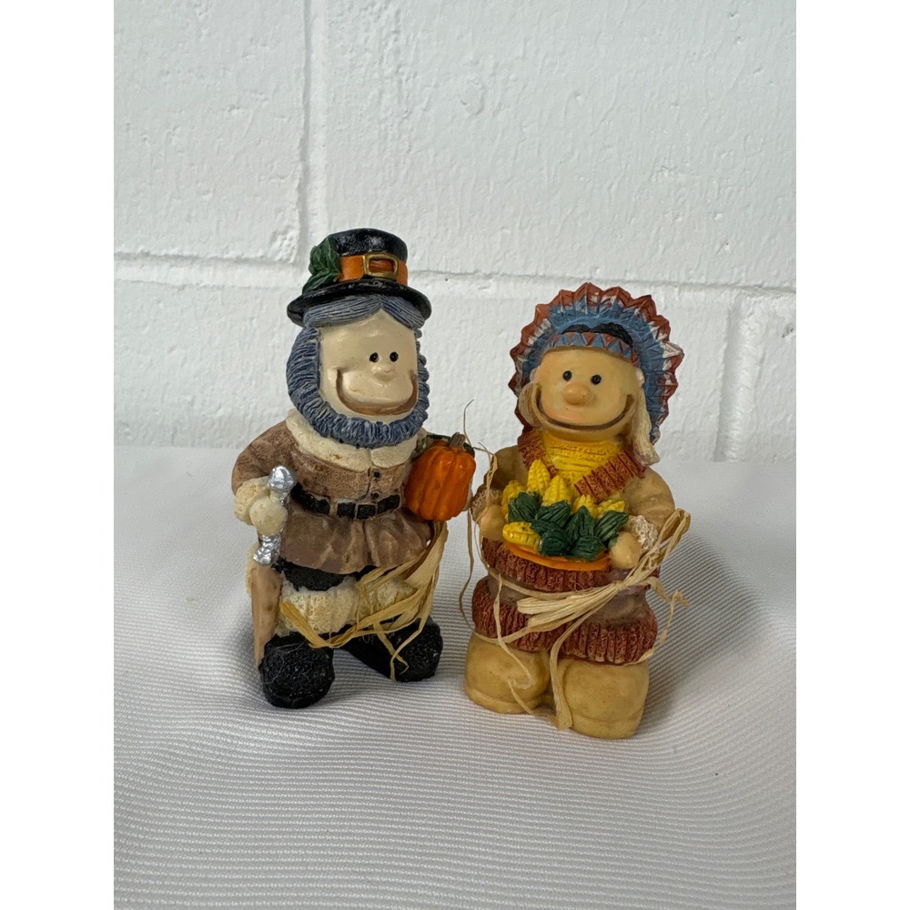 Vintage Thanksgiving Resin Figurines Pilgrim and Indigenous Pair Harvest Decor